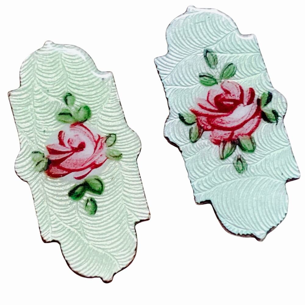 VTG Sterling Silver Guilloche Enamel Rose Screwback Earrings Mid Century 1940s